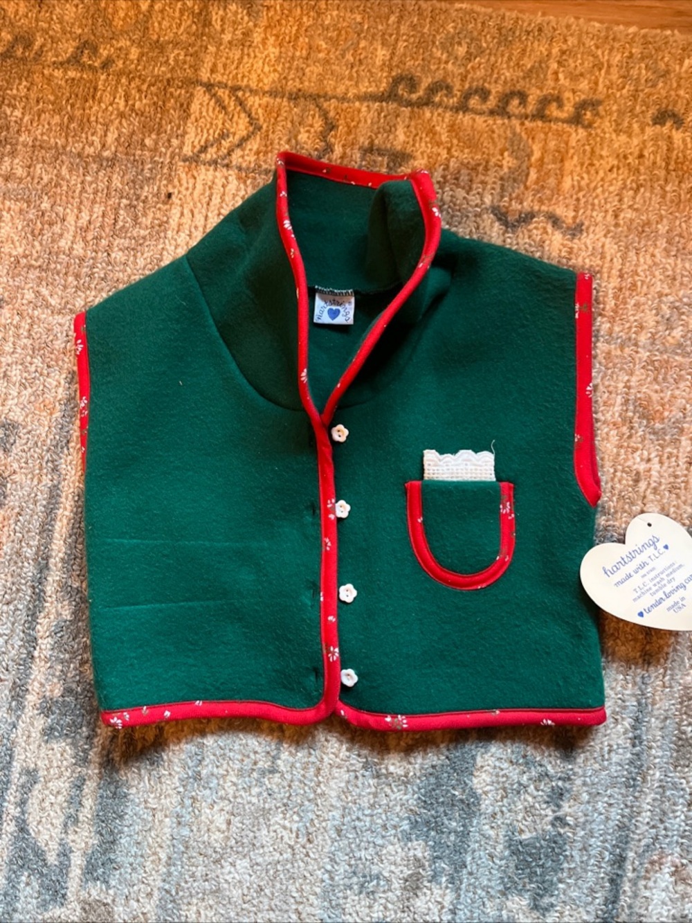 Vintage made in USA Hartstrings Green Fleece Vest with Red Trim